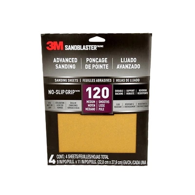 Feuilles abrasives avancées 20120-G-4 SandBlaster(MC) 3M(MC), avec NO-SLIP GRIP, grain 120 9 po x 11 po, 4/paquet