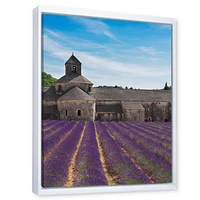 Designart Lavender Field With Abbey In France FLOAT FRAME WALL ART