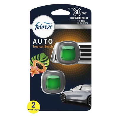 Febreze AUTO Air Freshener Vent Clip Tropical Beach Scent, 2.2 mL Car Vent Clip, Pack of 2