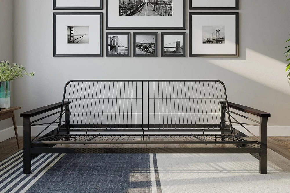 Cadre de futon en métal Nadine de DHP avec accoudoirs en bois espresso - matelas deux places vendu séparément