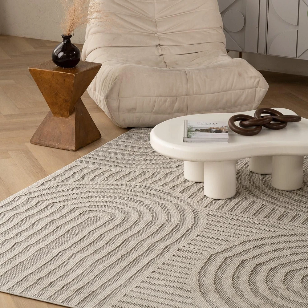 Tapis d'interieur exterieur abstrait Rug Branch Hogar, gris creme, moderne - Salon, chambre, salle a manger et cuisine