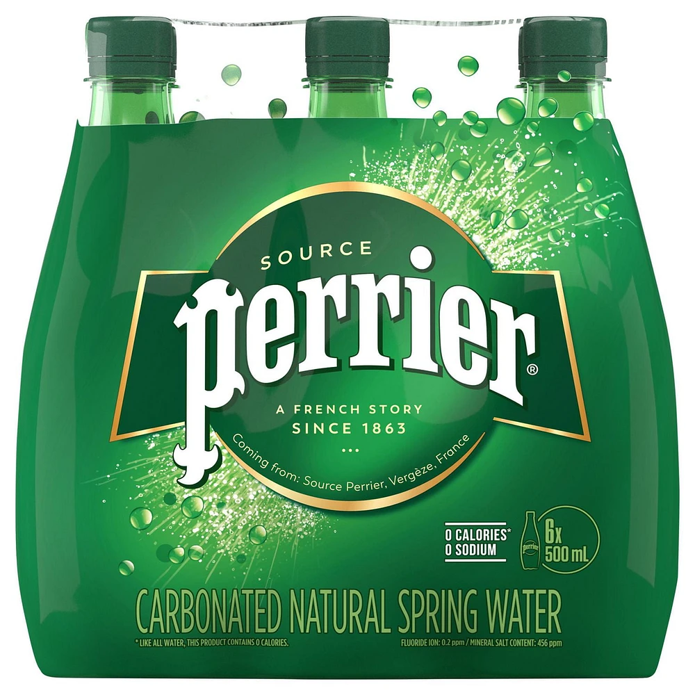 Perrier Sparkling Carbonated Water – 6x500 mL Plastic Bottle, 6 x 500mL Bottles