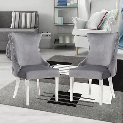 Chaise Odie en Gris, chaise de salle à manger avec garniture cloutée, chaise de salle à manger en velours, chaise de salle à manger avec pieds en acier inoxydable pour cuisine et salon - Ensemble 2
