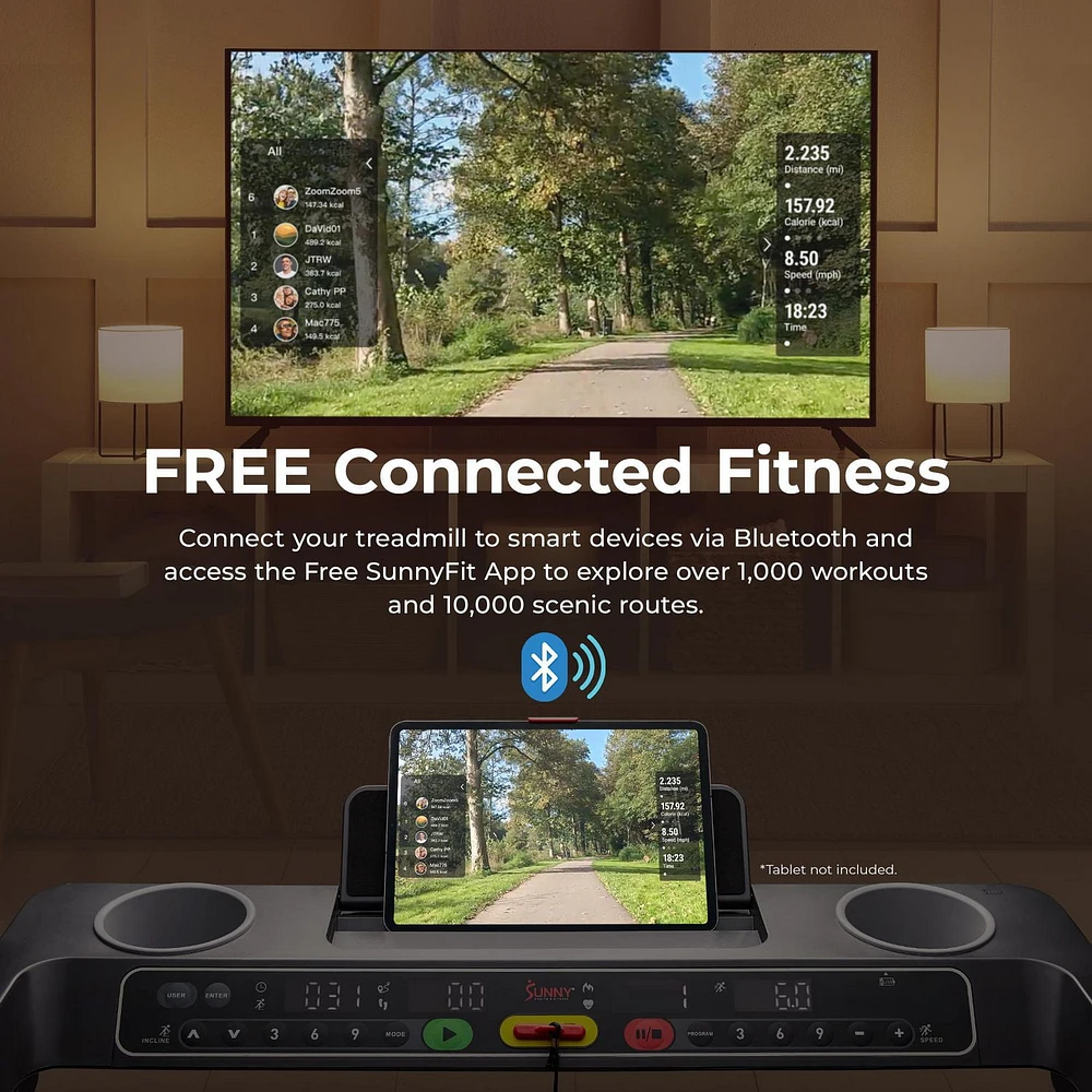 Sunny Health & Fitness Foldable 15 Level Auto Incline Treadmill, 20" Wide Running Belt, Quiet Brushless, Digital Display, 300 LB Weight Capacity, SunnyFit App Bluetooth Connection- SF-T723030