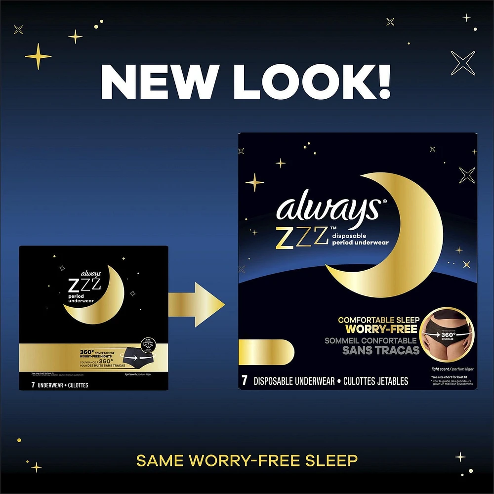 Always ZZZ Overnight Disposable Period Underwear for Women Sz L, 360° Coverage for Worry-Free Nights, 7CT