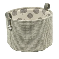 Tweed Storage Basket, Pet Theme with Cat Paw Print Loop Handles, Round Cat Basket, Grey