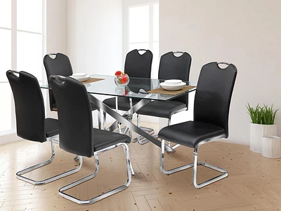 Ensemble de salle à manger K-Living Truro 7PCS avec verre trempé rectangulaire de 60 "avec table de base chromée et chaises en PU noir (1 table et 6 chaises)