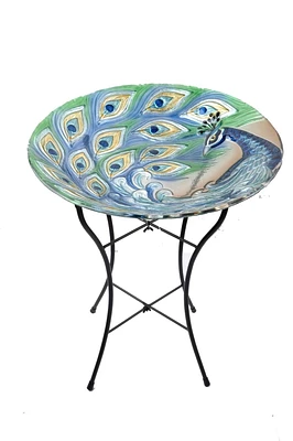 hometrends Glass Peacock Birdbath with Metal Stand