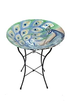 hometrends Glass Peacock Birdbath with Metal Stand