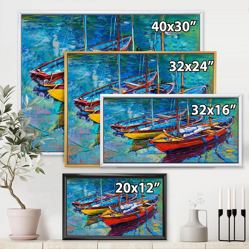 Designart Trois bateaux dans le port ART MURAL À CADRE FLOTT