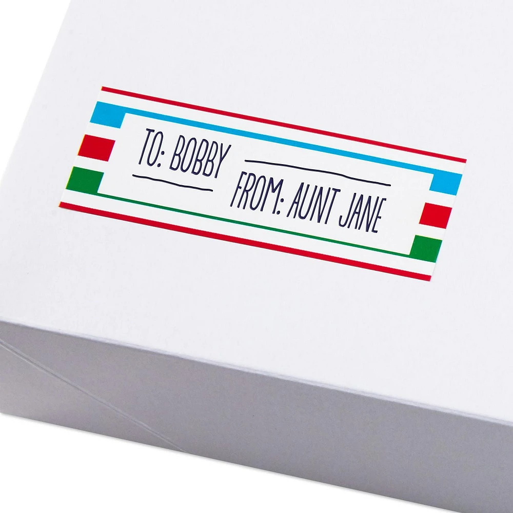 Boîte avec un assortiment de  112 étiquettes-cadeaux autoadhésives ornées de motifs de Noël amusants de Hallmark