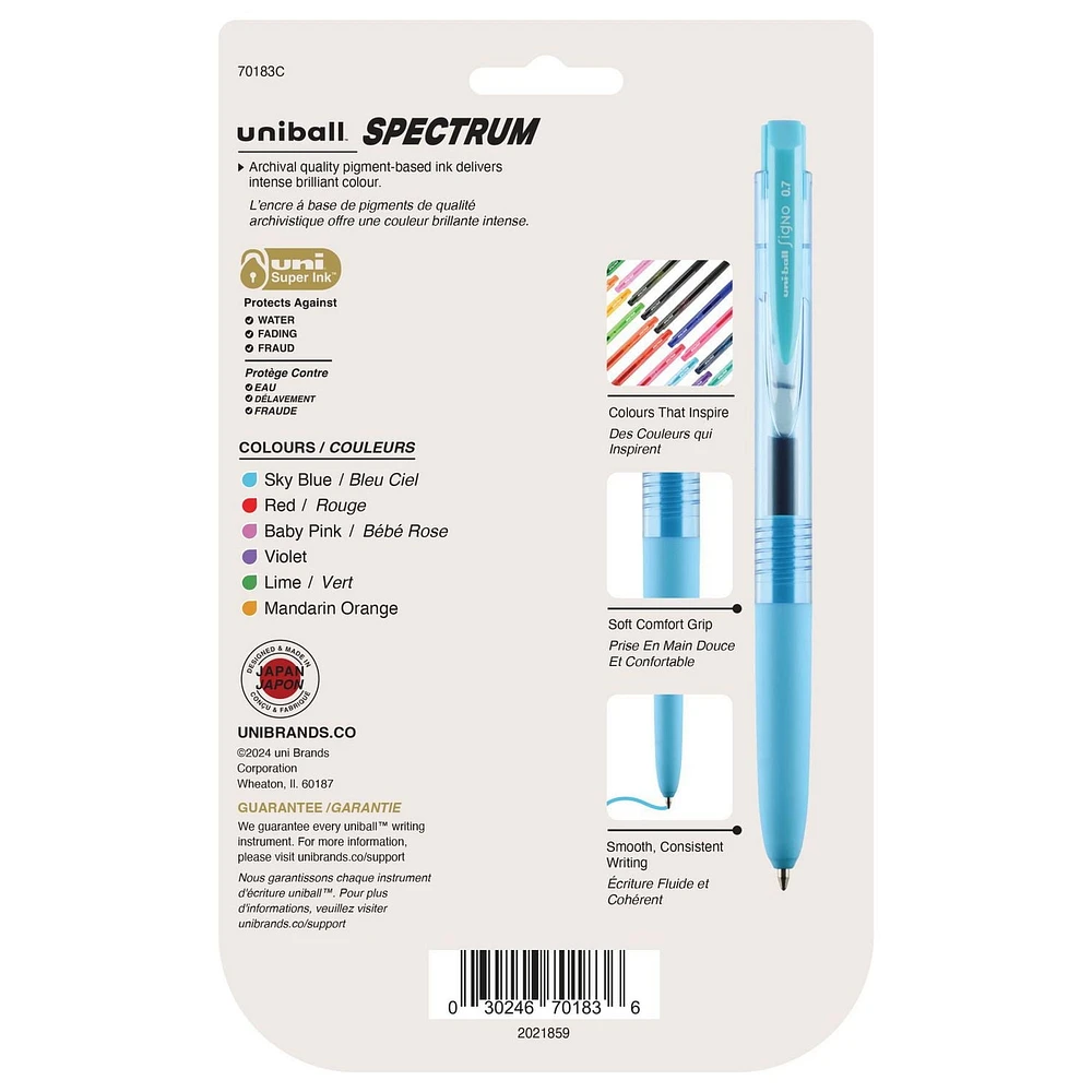 Stylos gel rétractables uni® Spectrum, pointe moyenne (0,7 mm), encre assortie, paquet de 6 Stylos gel Uni-ball Spectrum, assortis 6pk