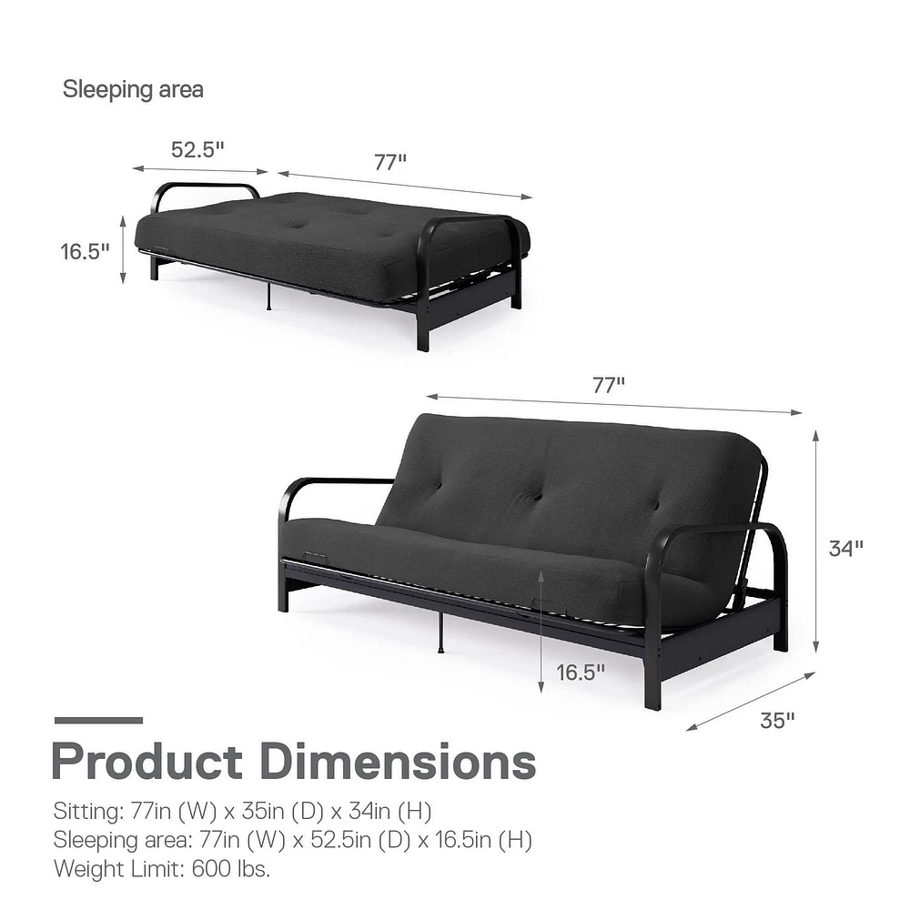 Cadre de futon à bras en métal noir de Mainstays avec couvre-matelas et fixations de 6 po
