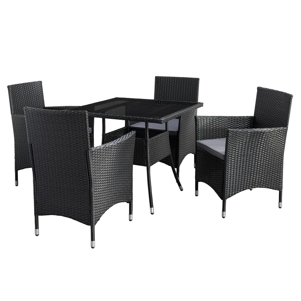 CorLiving Parksville Ensemble de salle à manger de patio 5 pièces en osier de résine noire et en acier avec table carrée à plateau en verre et 4 chaises avec coussins gris