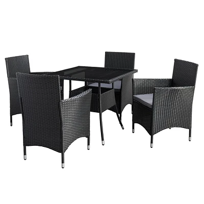 CorLiving Parksville Ensemble de salle à manger de patio 5 pièces en osier de résine noire et en acier avec table carrée à plateau en verre et 4 chaises avec coussins gris