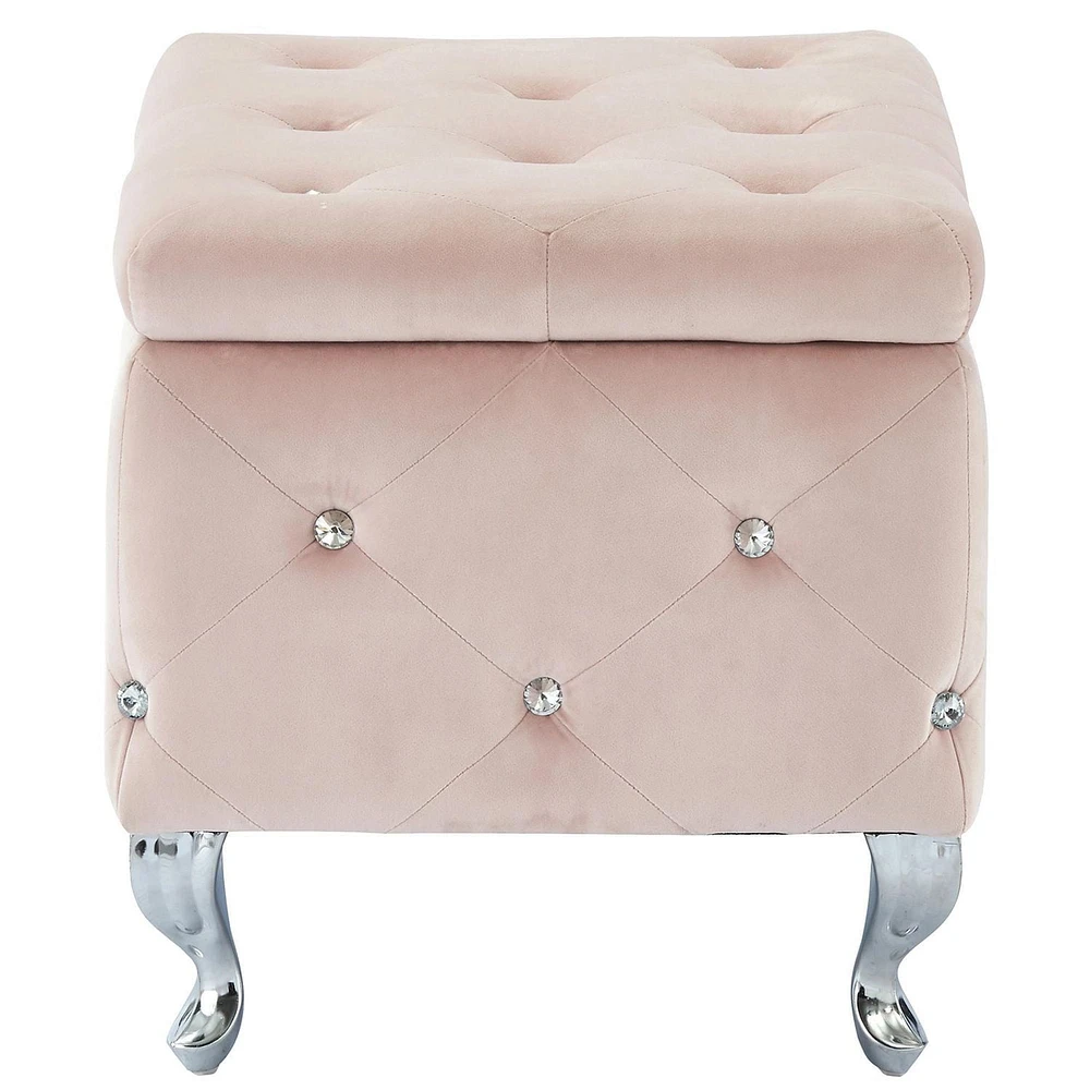 Contemporary Velvet & Metal Storage Ottoman in Blush Pink