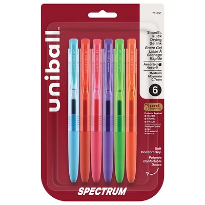 Stylos gel rétractables uni® Spectrum, pointe moyenne (0,7 mm), encre assortie, paquet de 6 Stylos gel Uni-ball Spectrum, assortis 6pk