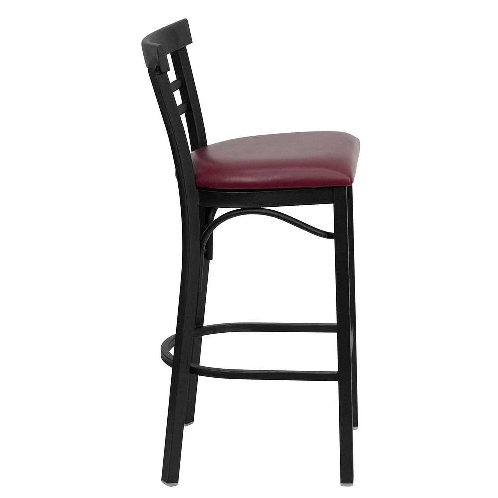 Lot de 2 pièces - Tabouret de bar de la série HERCULES en métal noir avec dossier échelle à deux lattes - Siège en vinyle bourgogne
