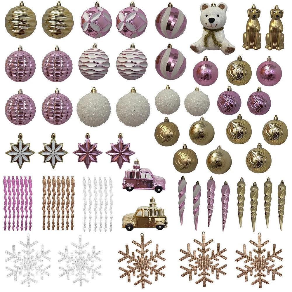 Ensemble d'articles de décoration d'arbre de Noël, rose, blanc et or, 70 pièces