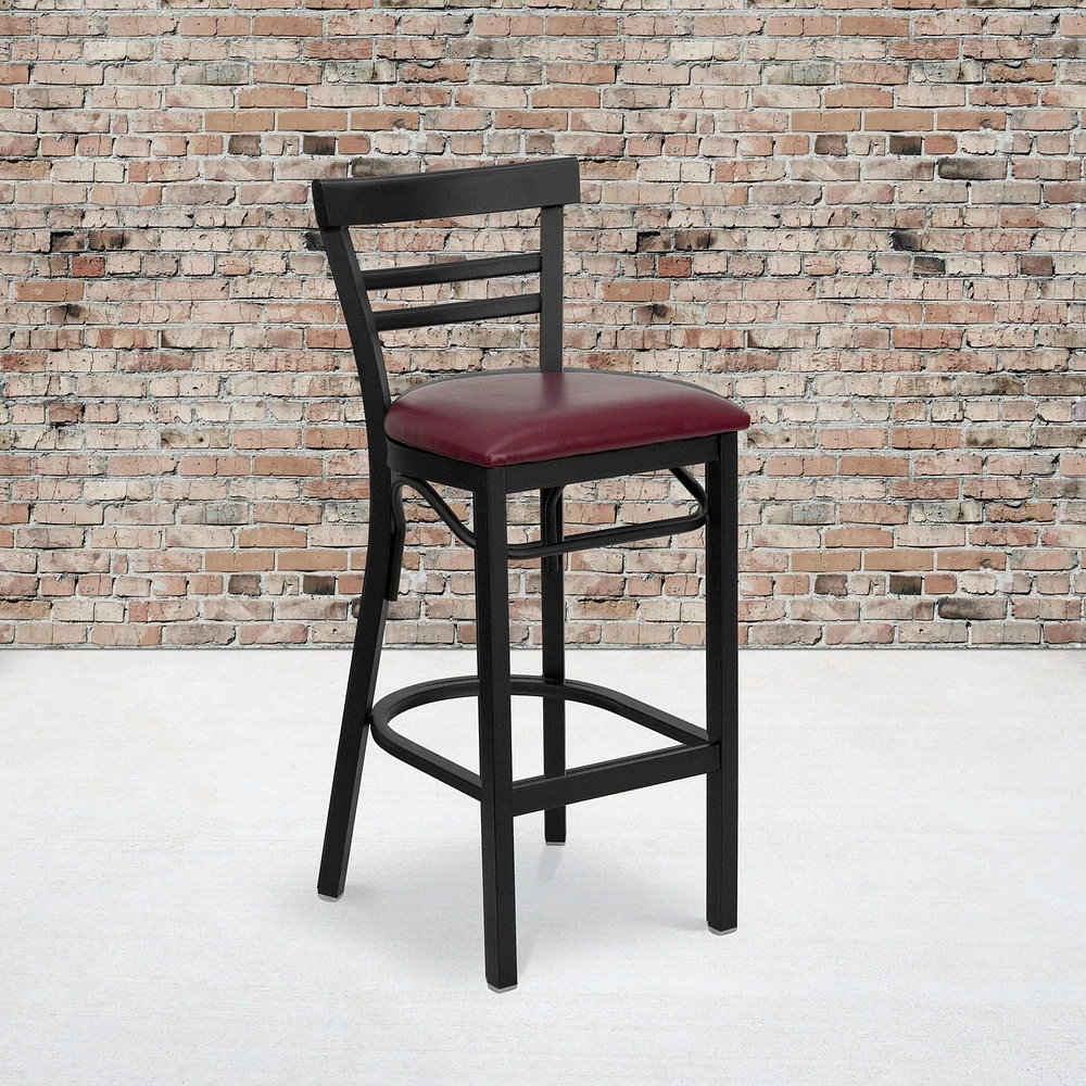 Lot de 2 pièces - Tabouret de bar de la série HERCULES en métal noir avec dossier échelle à deux lattes - Siège en vinyle bourgogne
