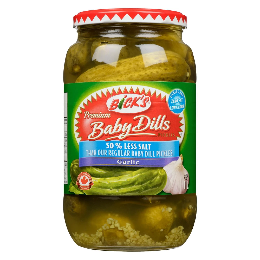 Bick’s® 50% Less Salt Garlic Baby Dills Pickles, 1 L