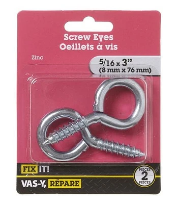 Vis à oeil 3 po zinc 2 pièces Les vis à œil sont des vis munies d'une boucle non filetée et l'autre extrémité filetée. Le produit est muni d'un bout pointu permettant de s'insérer facilement dans le bois.