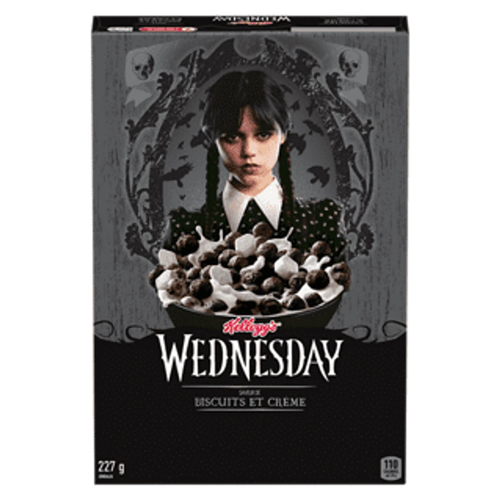 Kellogg's® Wednesday Cookies & Creme Flavour Cereal 227g- Crunchy Chocolatey Spheres, Kellogg's® Wednesday Cookies & Creme Flavour Cereal 227g