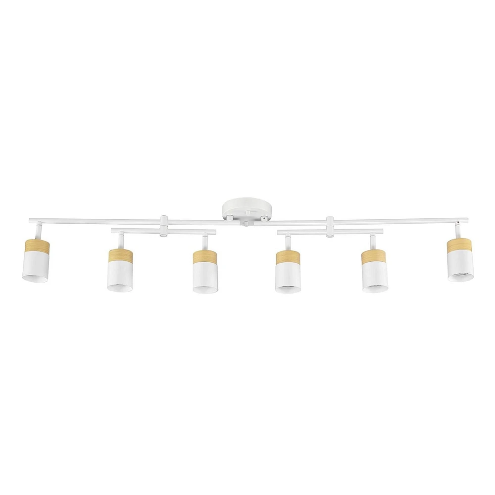 Rail d’éclairage blanc mat à 6 ampoules avec accents de similibois, barre double à pivot central et abat-jours pivotants