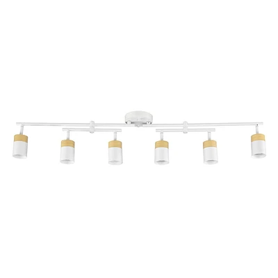 Rail d’éclairage blanc mat à 6 ampoules avec accents de similibois, barre double à pivot central et abat-jours pivotants