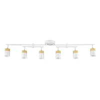 6-Light Matte White and Faux Wood Track Lighting with Double Center Swivel Bar and Pivoting Shades