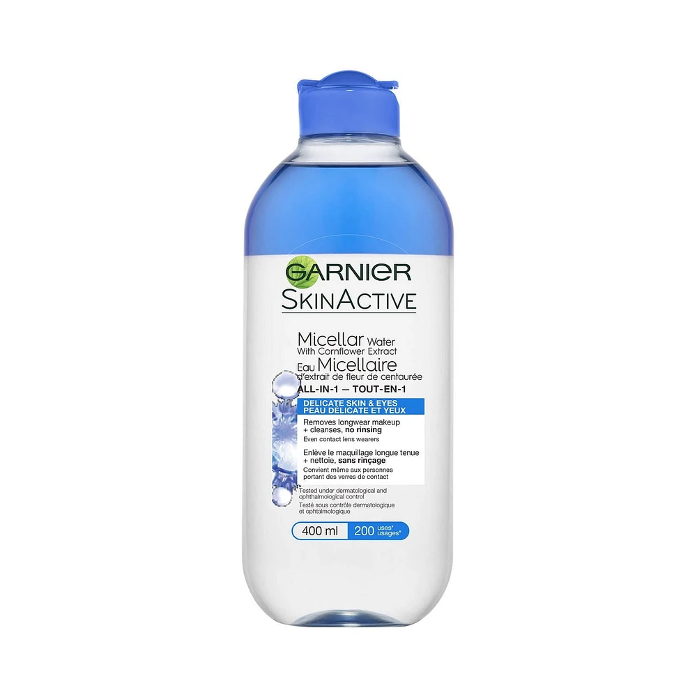 Skinactive Eau micellaire d'extrait de fleur de centaurée, Tout-en-1 Eau micellaire Peau délicate et yeux, 400 ml Eau micellaire, 400 ml