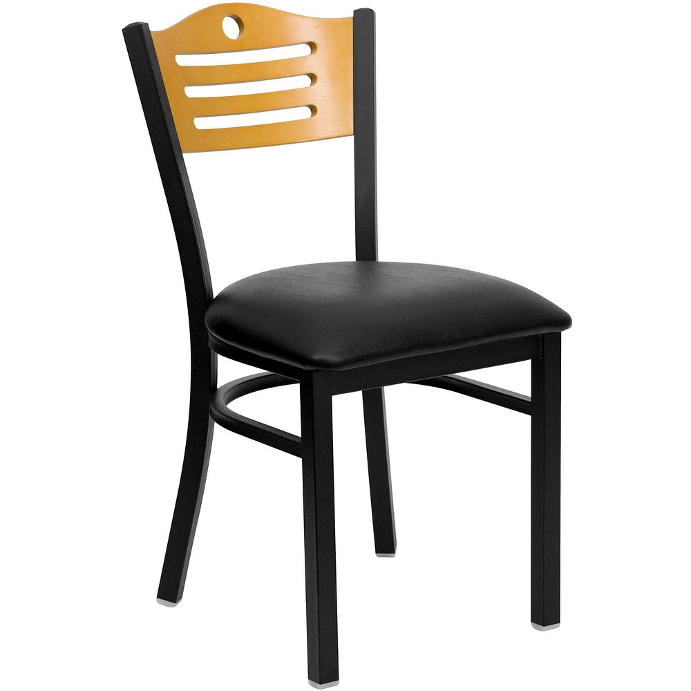 Lot de 2 pièces - Chaise de restaurant de la série HERCULES en métal noir avec dossier à lattes - dossier en bois naturel et siège en vinyle noir