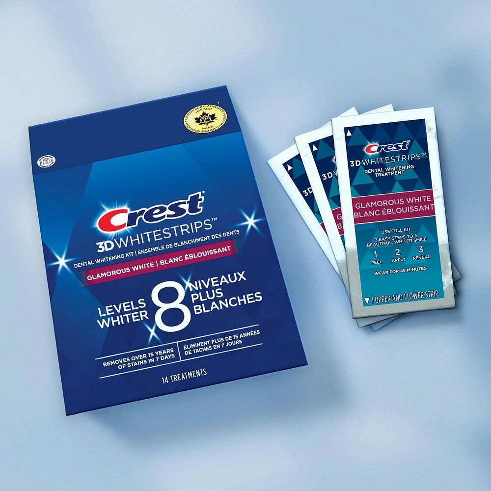 Crest 3D Whitestrips Glamorous White At-home Teeth Whitening Kit, 8 Levels Whiter, 14 Treatments