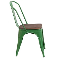 Lot de 4 pièces - Chaise empilable en métal vert avec siège en bois