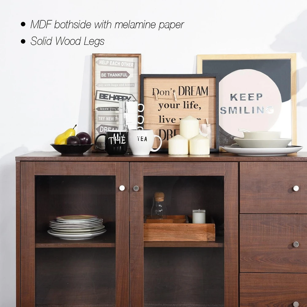 Homylin Armoire de rangement d'accent rétro en bois avec portes et tiroirs transparents, casier d'angle de 48,8 po de largeur pour salon - Marron