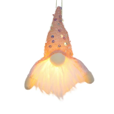Holiday Time Ornement de gnome en tissu rose avec LED