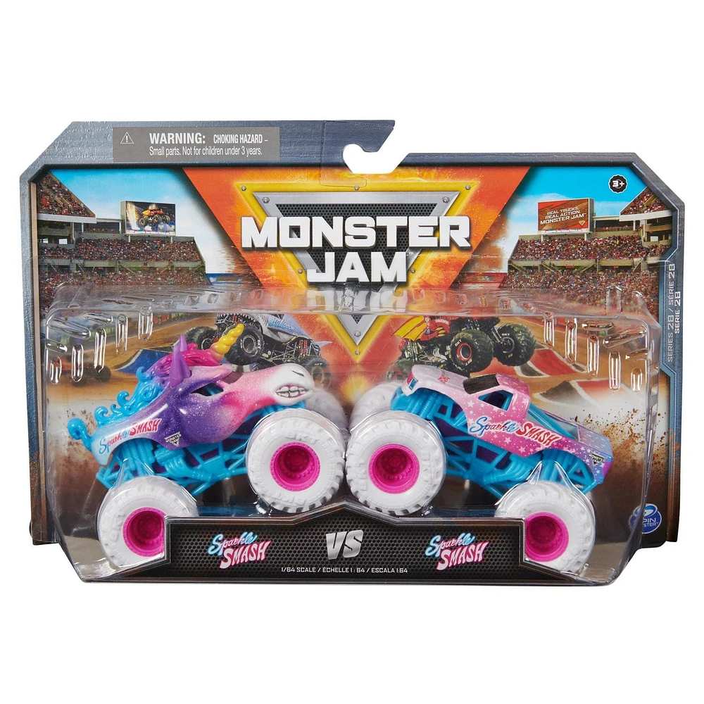 Monster Jam, Monster trucks officiels en métal moulé Sparkle Smash Vs. Sparkle Smash, échelle 1:64, jouets pour garçons à partir de 3 ans