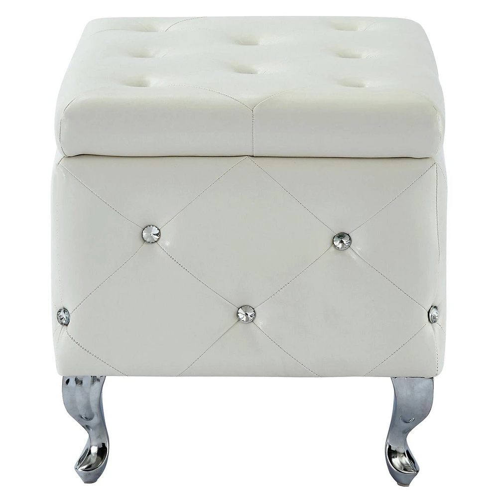 Ottomane de rangement contemporain en velours/metal, blanc