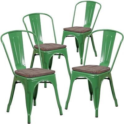 Lot de 4 pièces - Chaise empilable en métal vert avec siège en bois
