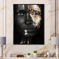 Designart Portrait d'une fille afro-américaine avec du maquillage doré ART MURAL À CADRE FLOTT