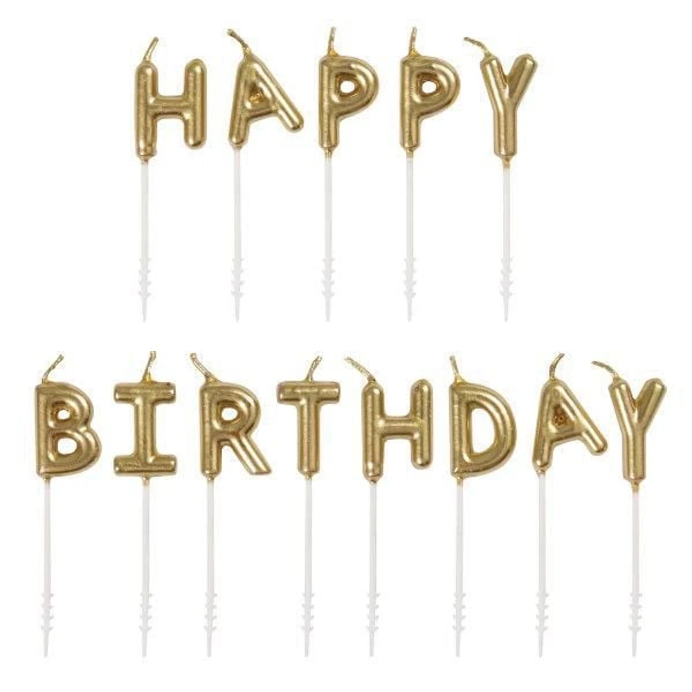 Gold "Happy Birthday" Letter Pick Birthday Candles, Height: 3"