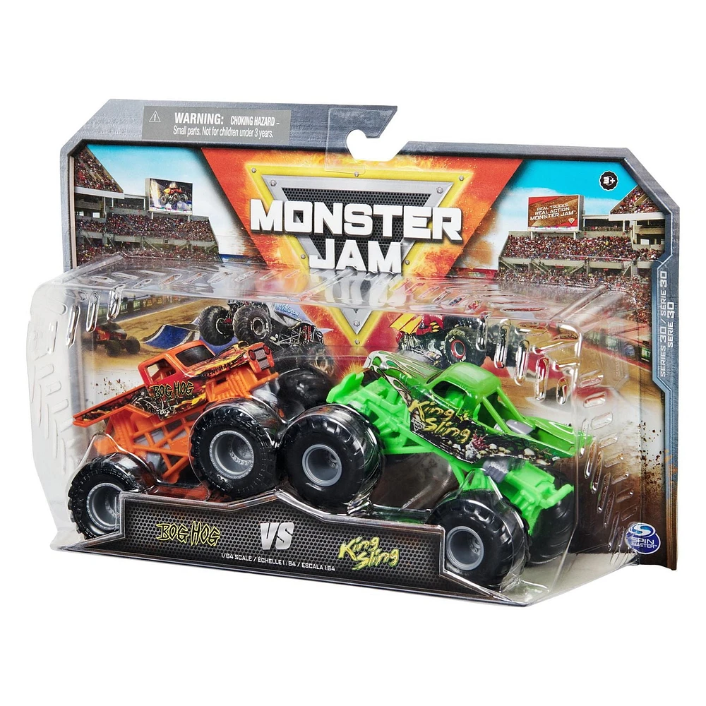 Monster Jam, Monster trucks officiels en métal moulé Bog Hog contre King Sling, échelle 1:64, jouets pour garçons à partir de 3 ans