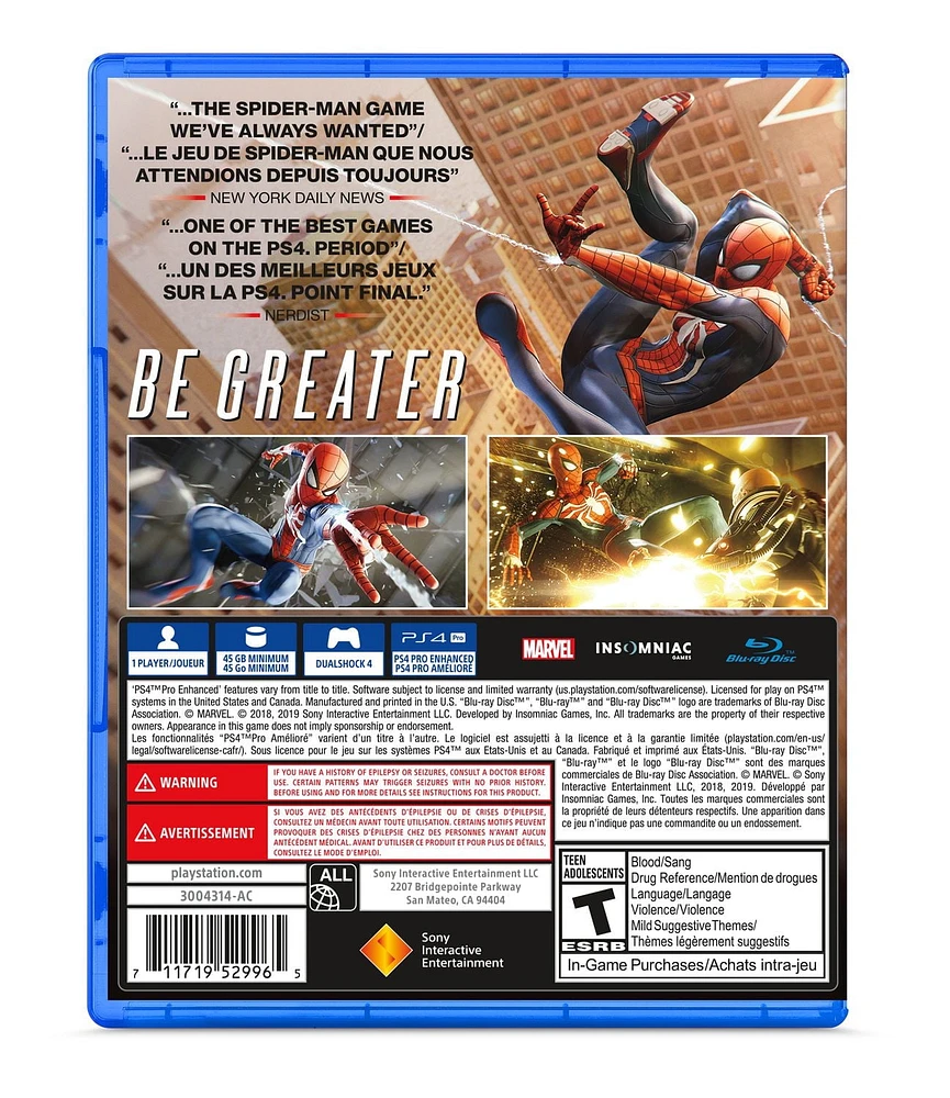 Jeu vidéo Marvel Spider-Man édition Jeu de l'année pour PS4 Playstation 4