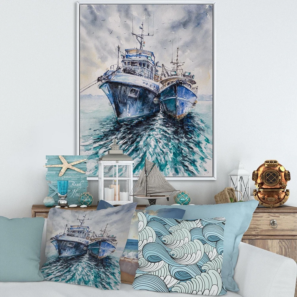 Designart Deux bateaux de pêche avant une tempête ancrés ART MURAL À CADRE FLOTT