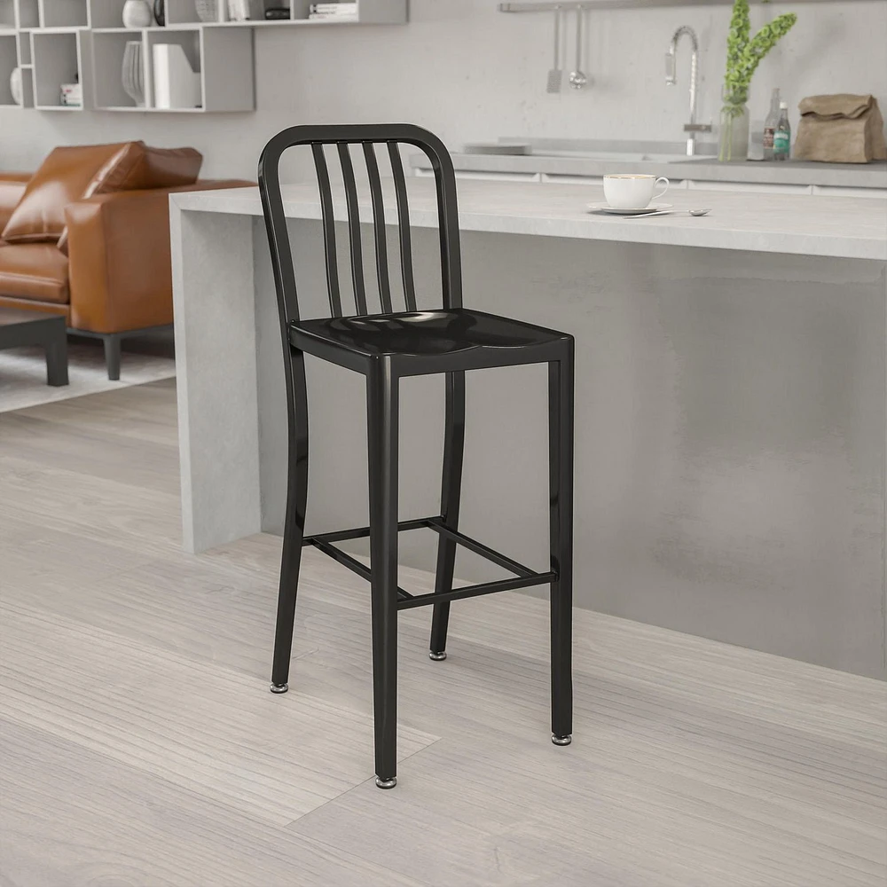 Tabouret de bar en métal noir de 30 pouces de hauteur pour l'intérieur et l'extérieur avec dossier à traverses verticales