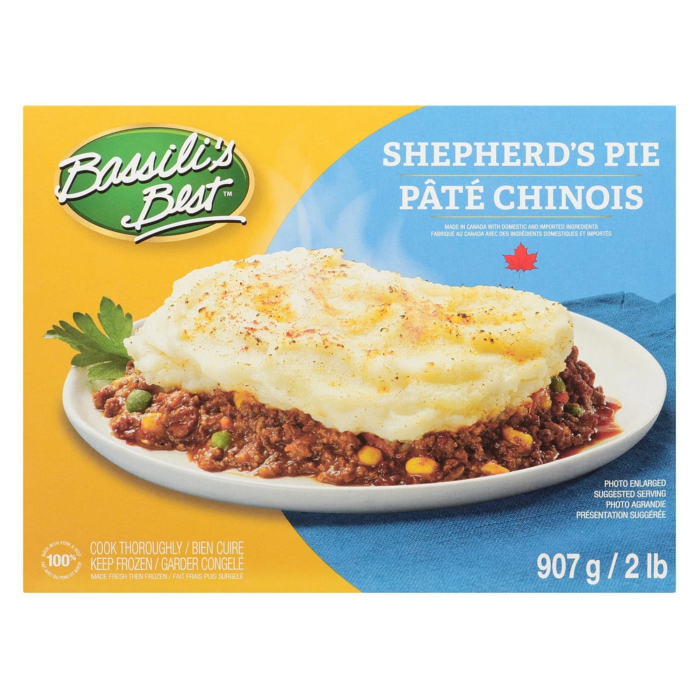 BASSILIS BEST SHEPHERDS PIE, Made fresh with beef, pork, vegetables and topped with creamy mashed potatoes