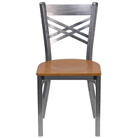 Chaise de restaurant en métal de la série HERCULES avec dossier en croix à enduit lustré - siège bois naturel
