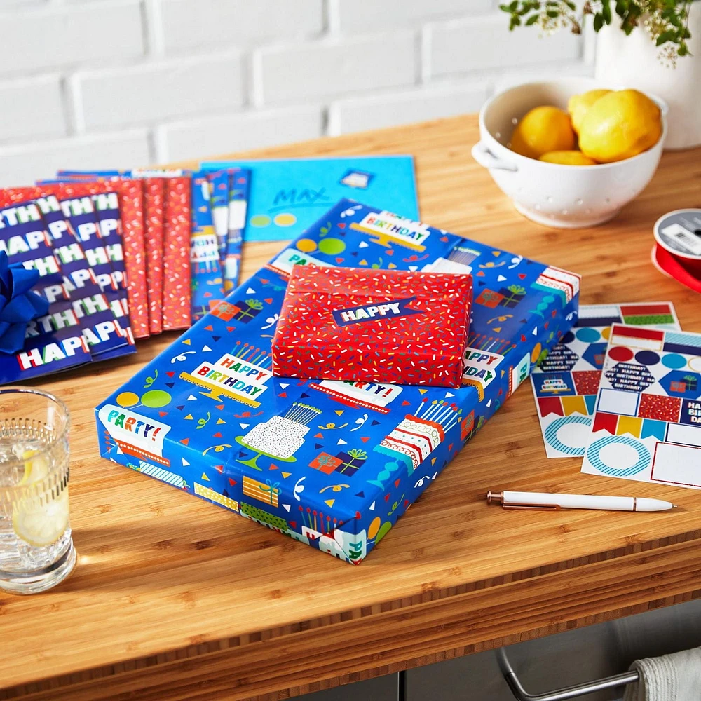 Hallmark Flat Birthday Wrapping Paper Sheets with Cutlines on Reverse (12 Folded Sheets with Sticker Seals) Happy Birthday, Red Confetti, Blue with Cakes