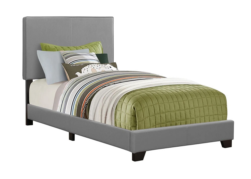 Monarch Specialties Lit, Taille Jumelle, Plate-forme, Chambre À Coucher, Cadre, Rembourré, Pu D'aspect Cuir, Pattes En Bois, Gris, Transitionnel