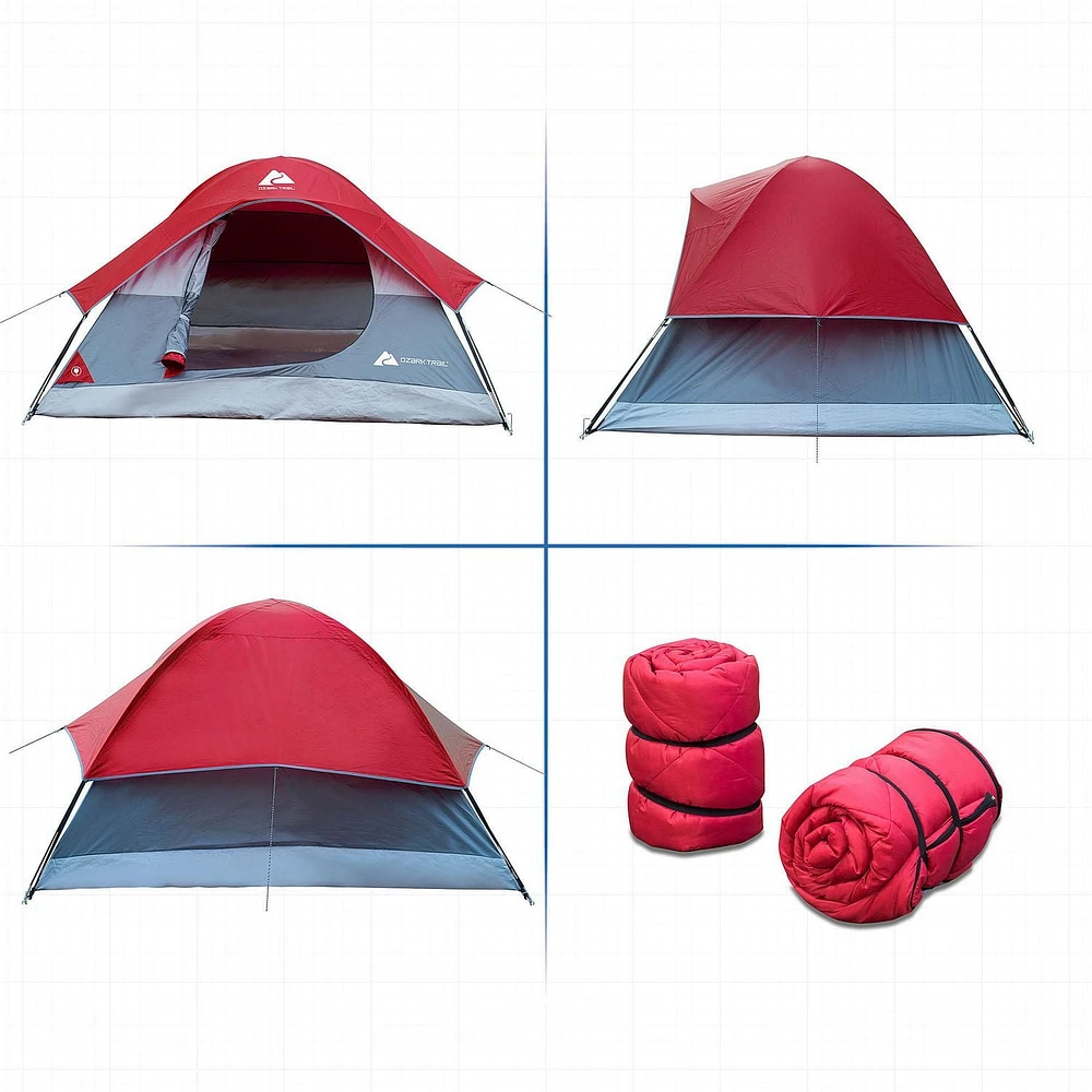 Ozark Trail Combo Camping 3 pièces, 2 sacs de couchage, capacité maximale : 3 personnes, type de produit : tentes dôme dimensions : 7 pi H x 6 pi W x 42 po H